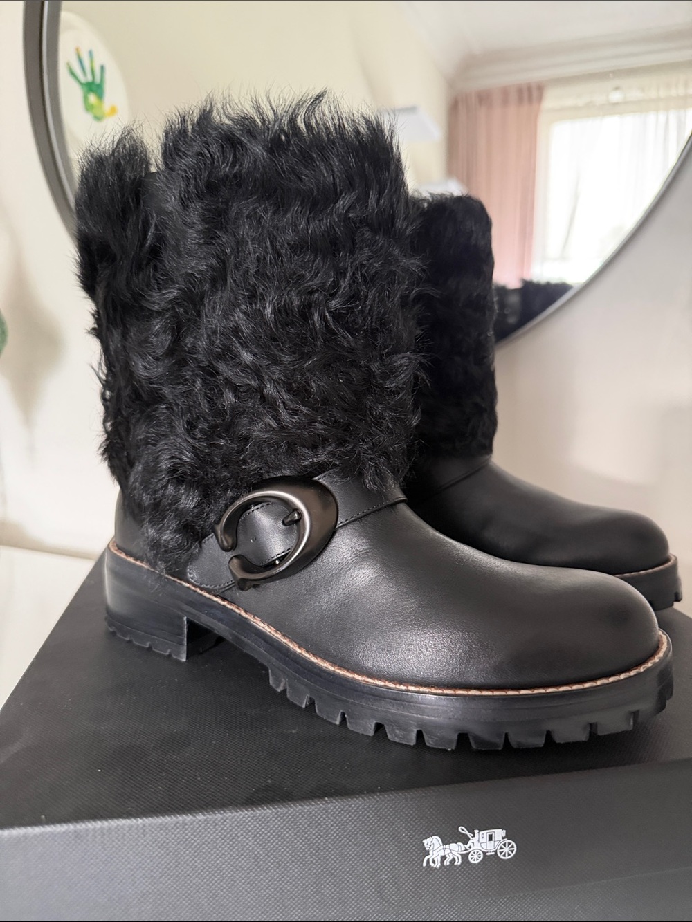 COACH Black Leather Faux-Fur Lug Ankle Boots with Buckle